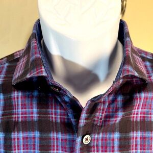 BUGATCHI Men's multicolor denim trim flip cuff / collar long sleeve shirt M EUC
